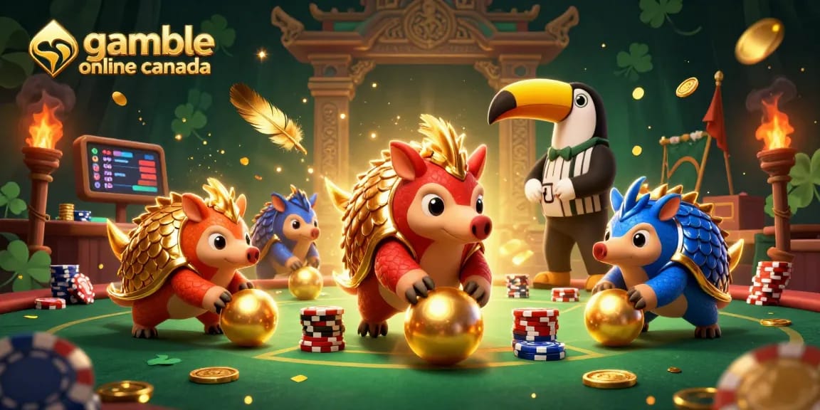 Rival pangolins bowling poker chips in a vibrant casino scene while promoting gamble online canada.