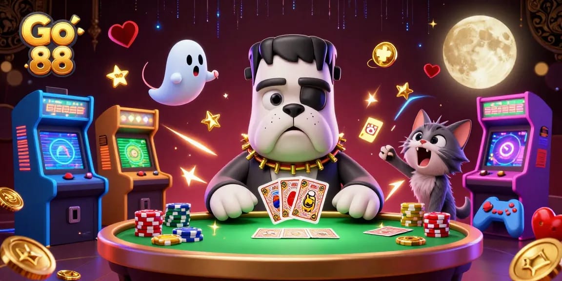 Experience thrills at Go 88 as a bulldog dealer shuffles cards, with magical casino energy.