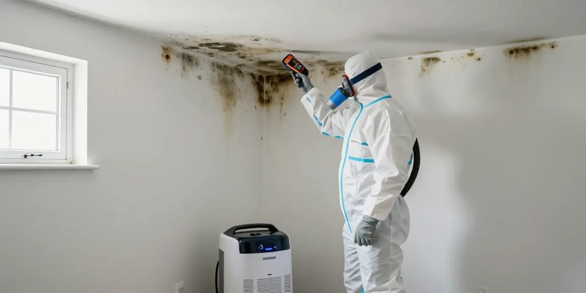 Mold Remediation Vancouver technician inspecting mold in a residential basement, showcasing safety equipment and advanced air scrubbers.