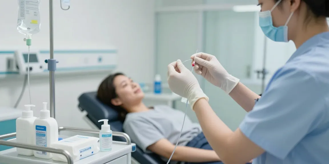 Administering IV needles in a clinical setting, showcasing patient care.