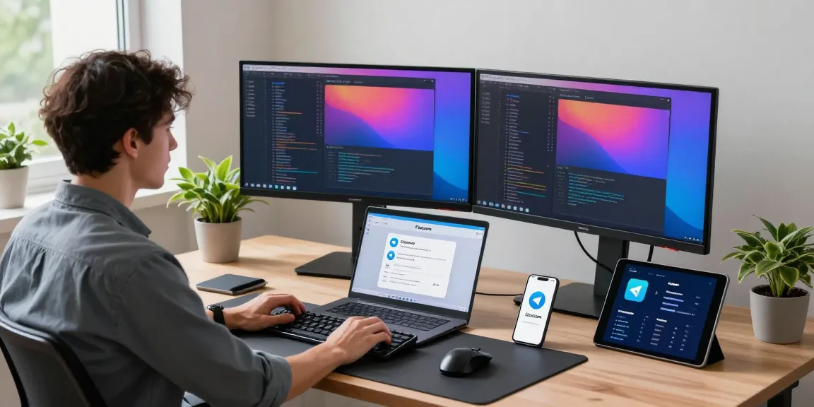 Professional workspace showcasing a Telegram download setup, featuring a developer coding on dual monitors with a laptop, smartphone, and tablet in a modern office.