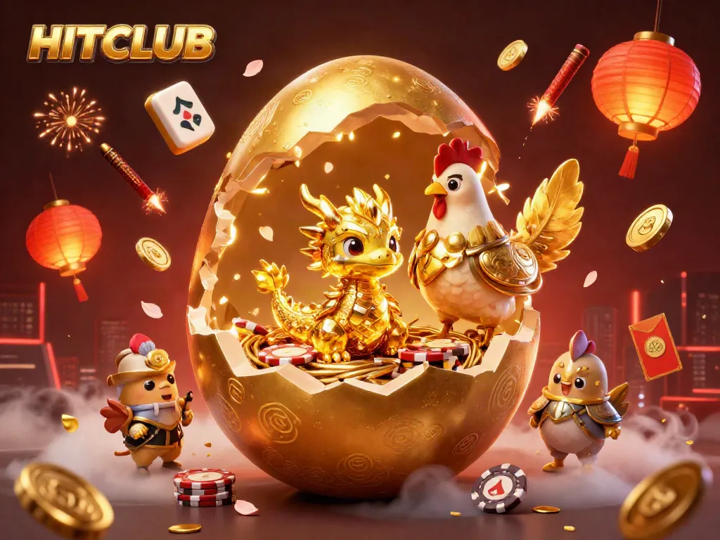 Engage with HITCLUB as a colossal golden egg reveals a golden dragon amidst poker chips, enriching your gaming experience.