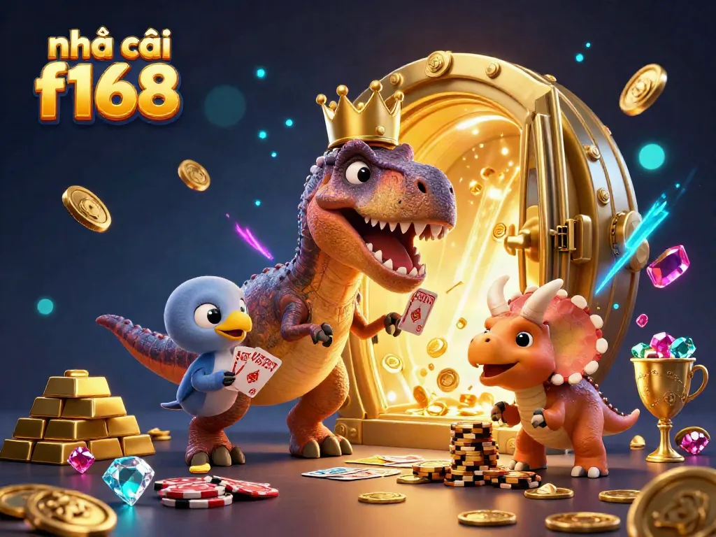 Deal cards effortlessly at nhà cái f168 with friendly cartoon dinosaurs in a vibrant casino scene.