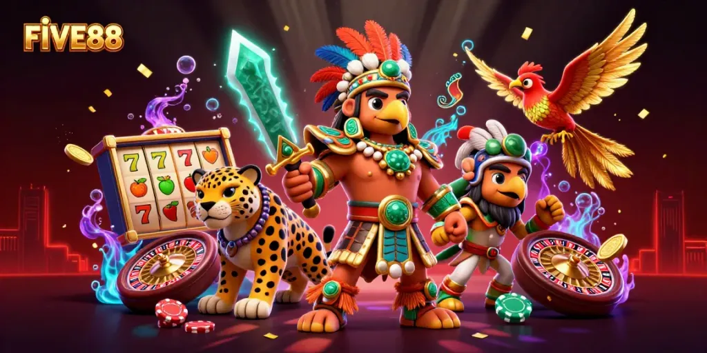 Engage with FIVE88's thrilling gaming adventure featuring vibrant slot machines and dynamic casino elements.