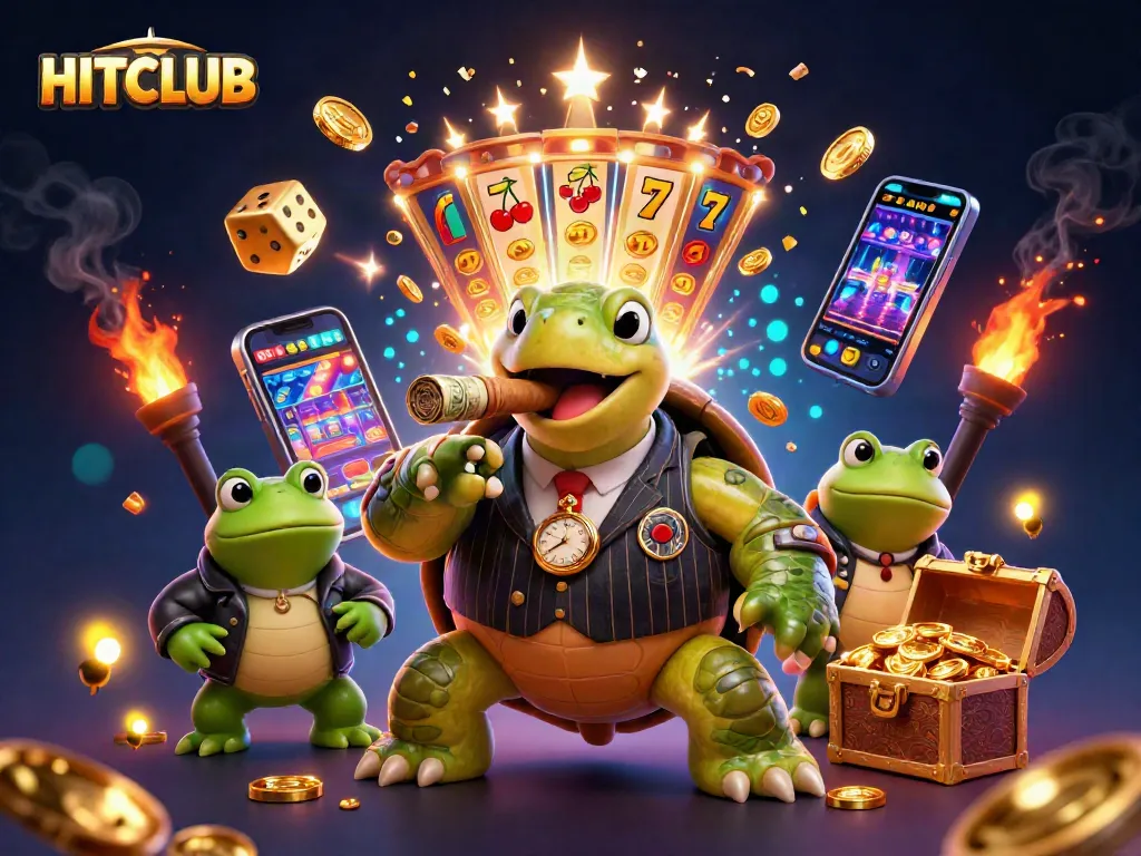 HITCLUB casino scene with a snapping turtle boss and bullfrog enforcers amidst vibrant slot machines.