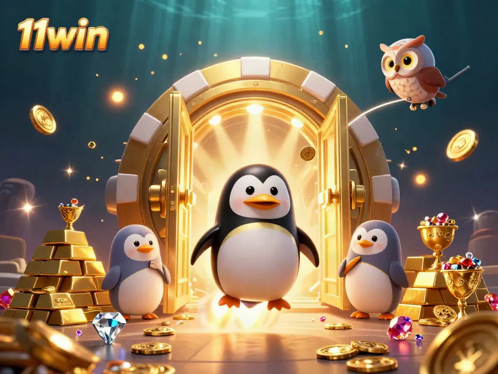Experience the excitement of 11win with a golden penguin rocketing through a casino space scene filled with treasures.