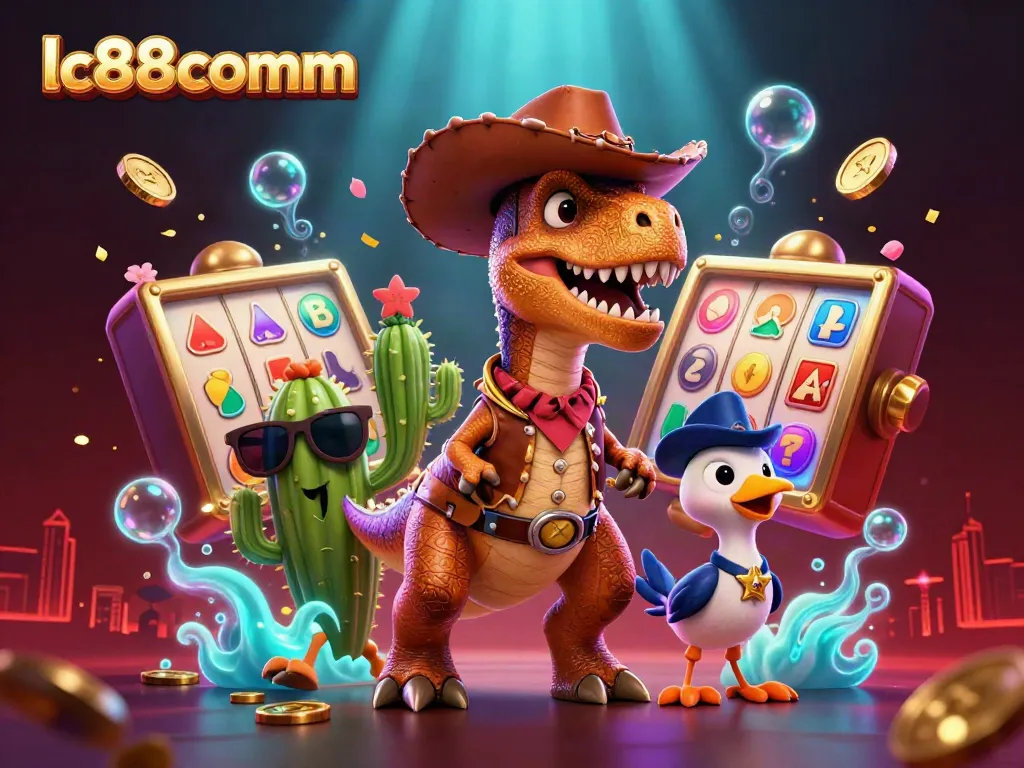 Engage in thrilling wins with lc88comm as a cowboy dinosaur and friends explore a vibrant casino world, framed by rich colors.