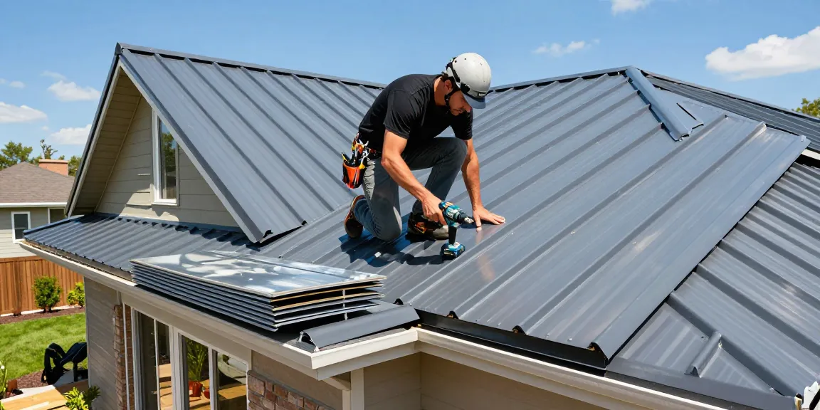 Professional roofer installing metal roofing GTA on a suburban home, highlighting durability and quality.