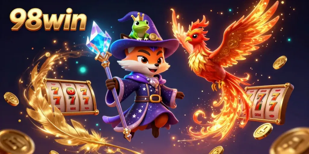 Engage in thrilling gameplay at 98win with golden dragons, phoenix, and a mystical fox wizard.