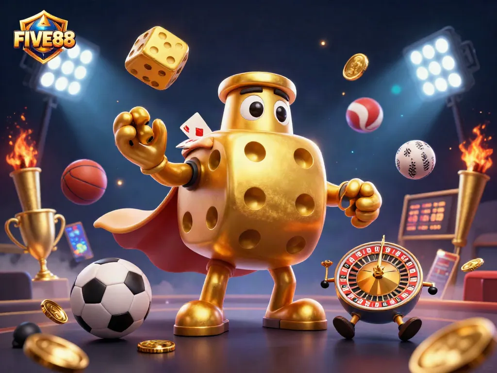 Engage in thrilling gameplay with FIVE88, featuring dynamic golden dice and casino elements.