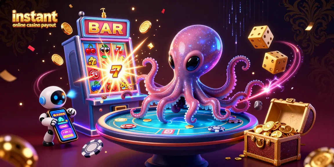 Experience instant online casino payout with a vibrant alien octopus at a holographic poker table.