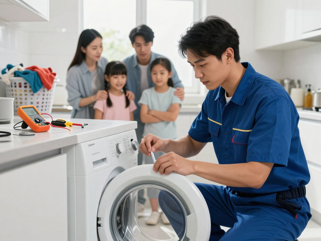 Appliance Repair technician fixing a washing machine in a bright kitchen, tools visible, showcasing professional service.