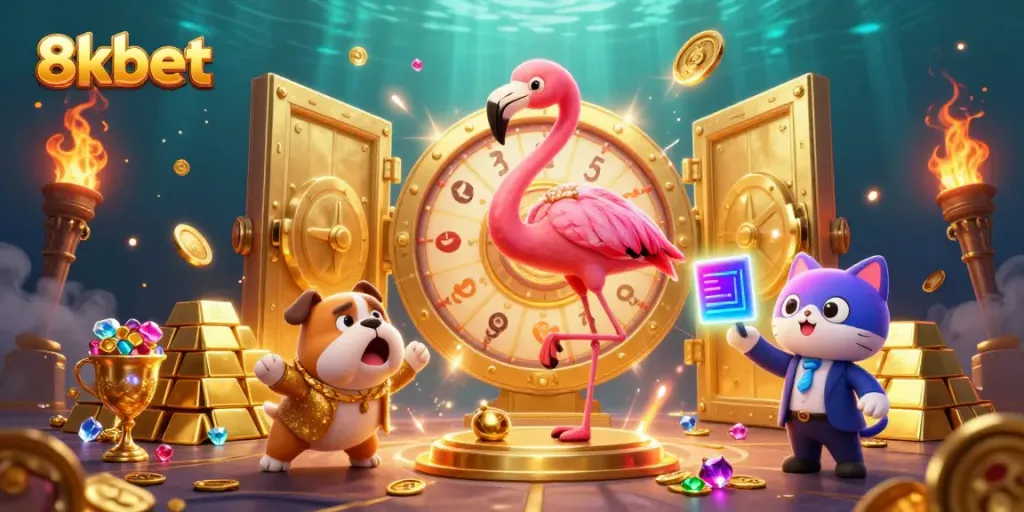 Experience the excitement with 8xbet as the flamingo host spins the golden prize wheel.