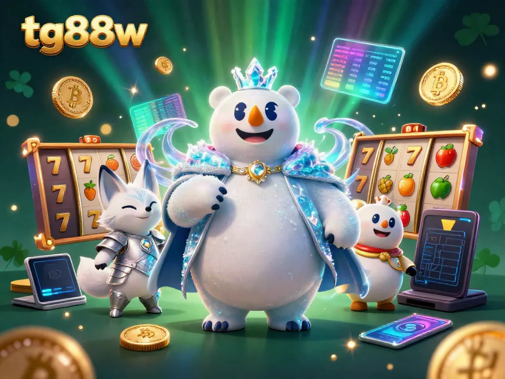 Experience the thrilling slots adventure at tg88w with an ice king and a snow fox amidst vibrant gaming elements.