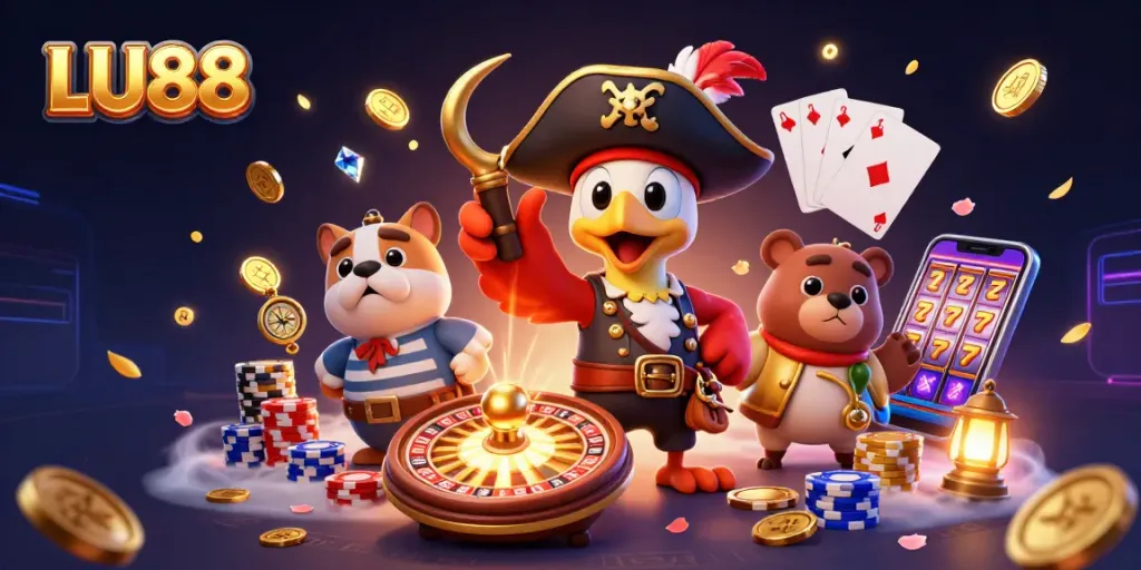Experience thrilling wins at LU88, featuring vibrant characters and dynamic casino game elements.
