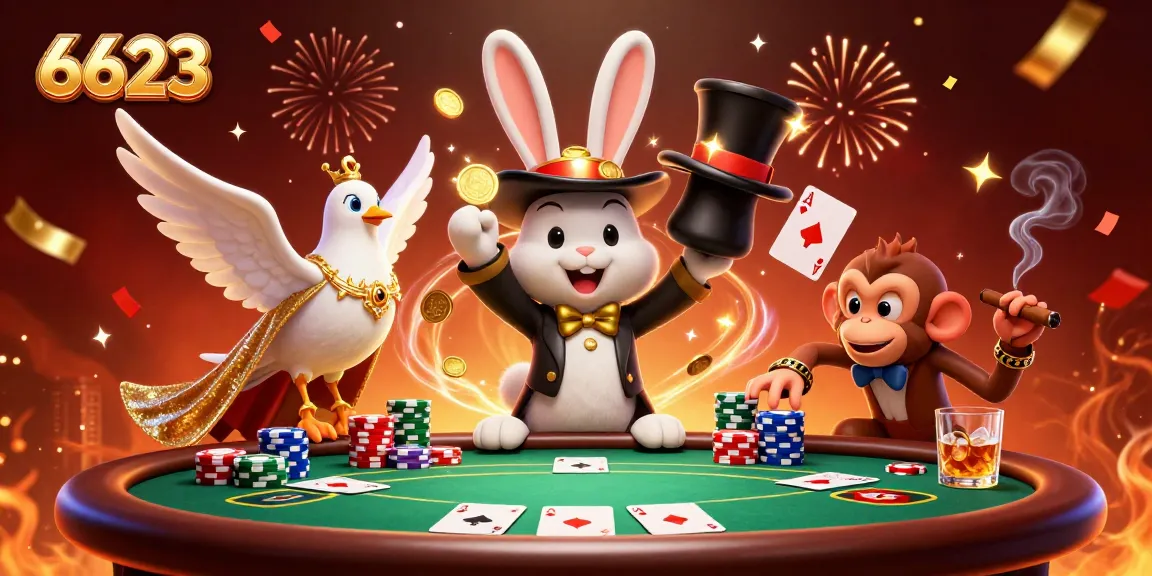 Engage with 6623's thrilling casino experience surrounded by fun characters and vibrant action.
