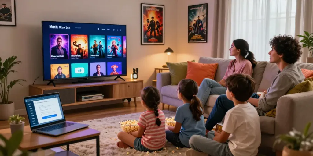 Family enjoying a movie night using the MovieBox app on a smart TV