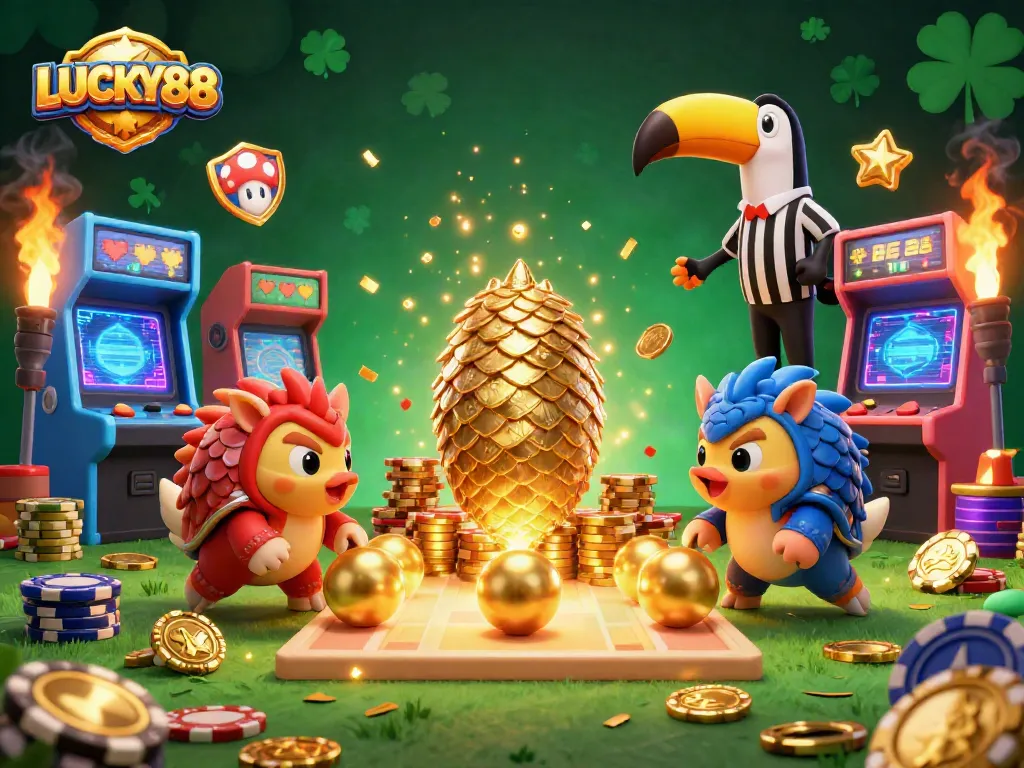 Compete with LUCKY88 as rival pangolins bowl through poker chips in this vibrant casino scene.