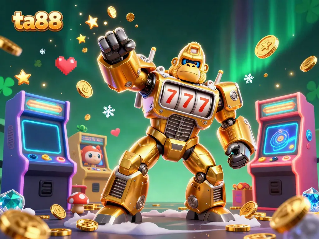 Experience exciting wins at ta88 with a dynamic 3D casino illustration showcasing a golden gorilla mech and gaming elements.