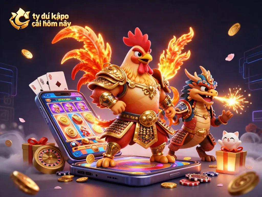Tỷ lệ kèo nhà cái hôm nay illustrated with a dynamic scene featuring a warrior rooster and dragon mascot amidst gambling elements.