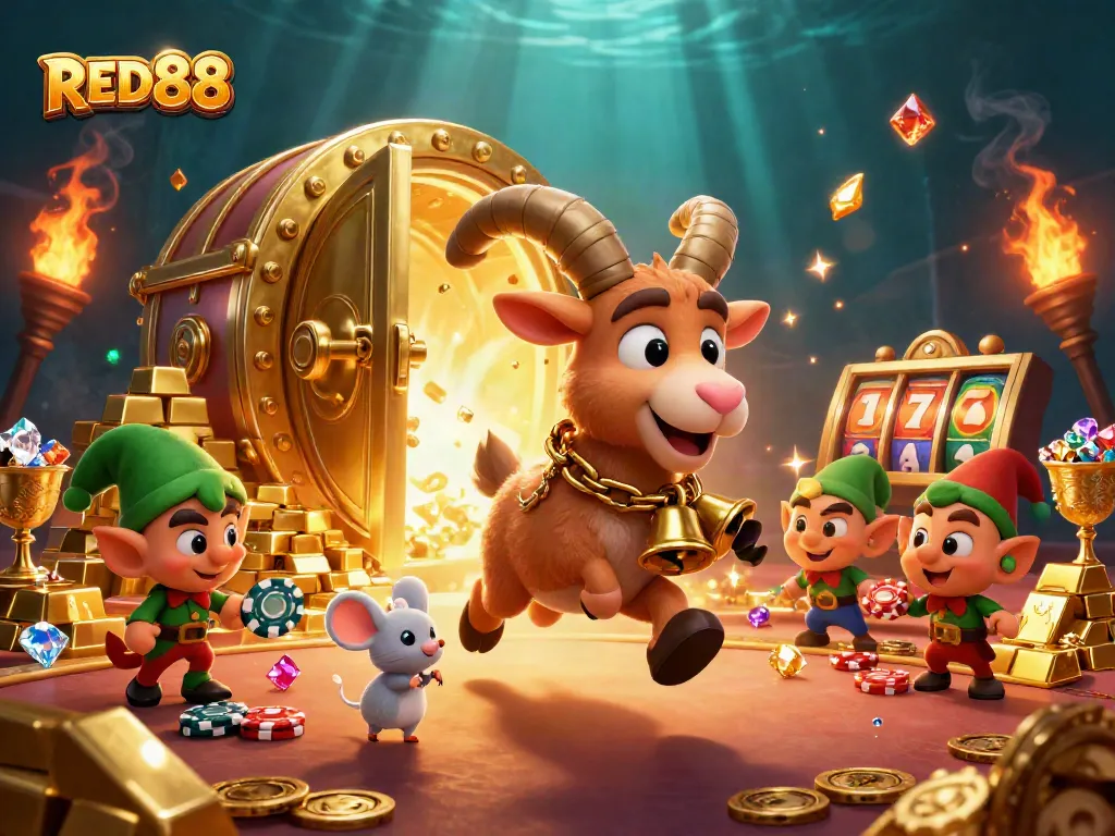 Experience the thrilling world of RED88 with a festive cartoon casino scene full of excitement.