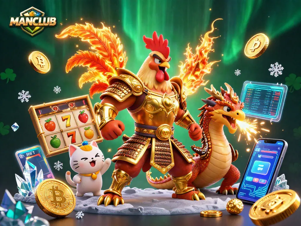 Engage in exciting slots with MANCLUB, featuring a warrior and dragon in 3D action.