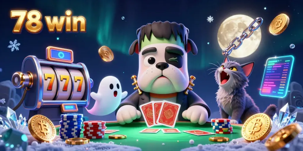 Engage in thrilling fun at 78 win slots with a captivating 3D illustration featuring unique characters and vibrant casino elements.