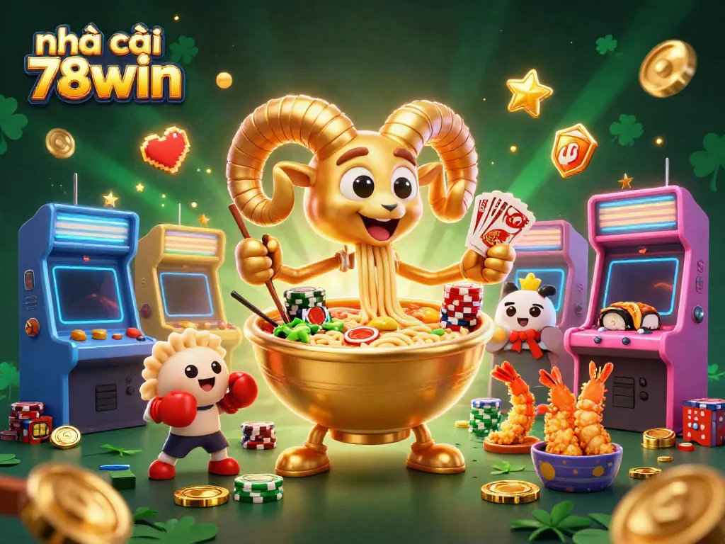 Engaging scene with nhà cái 78win, featuring a giant ramen bowl character dealing cards and joyfully stacking chips.