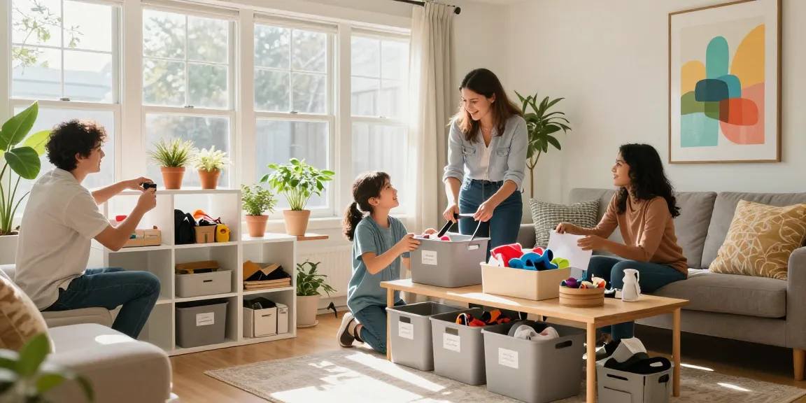 Family enjoying organization services in Ottawa, showcasing bright living room with professional organizer.