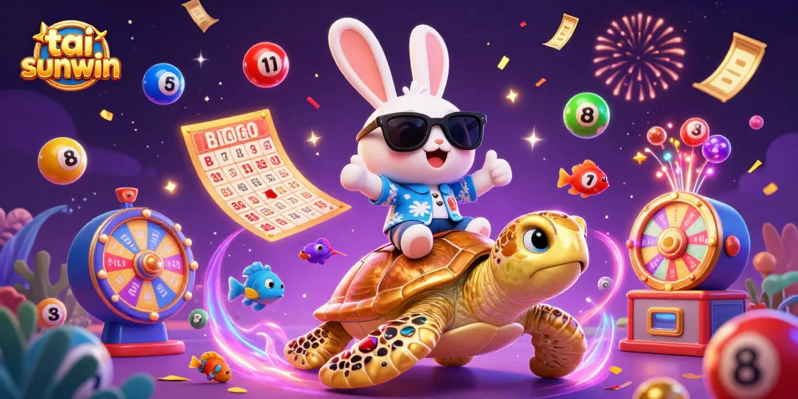 Win big with tai sunwin as the lucky rabbit rides a golden turtle amidst vibrant gaming elements.