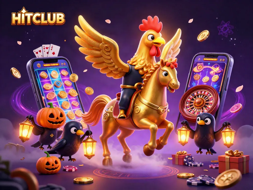 Experience the thrill at HITCLUB as a golden rooster navigates a midnight casino.