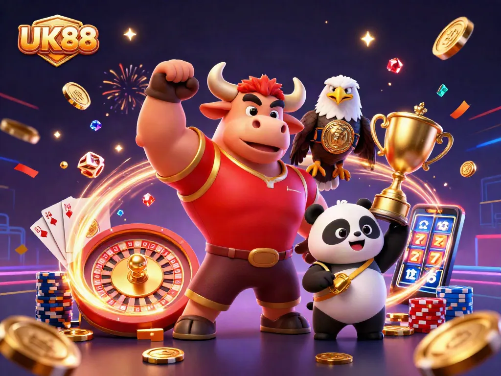 Reveal thrilling wins at UK88 with a joyful panda, bull mascot, and eagle in a vibrant casino scene.