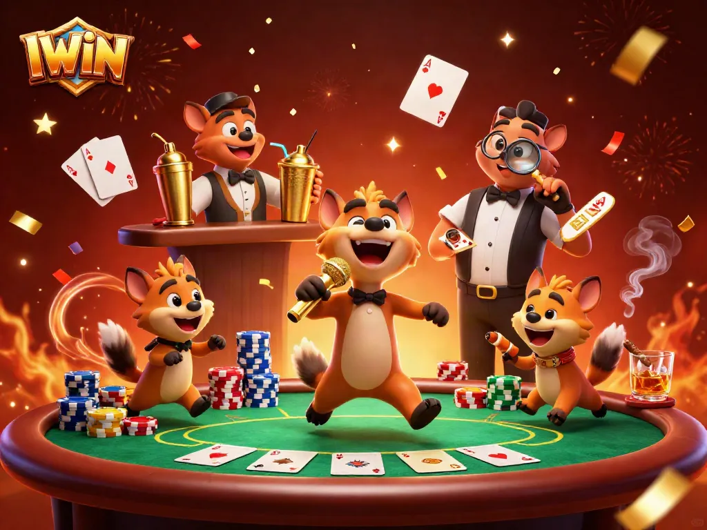 Engage IWIN players with vibrant hyenas in a comedy casino club filled with poker elements.
