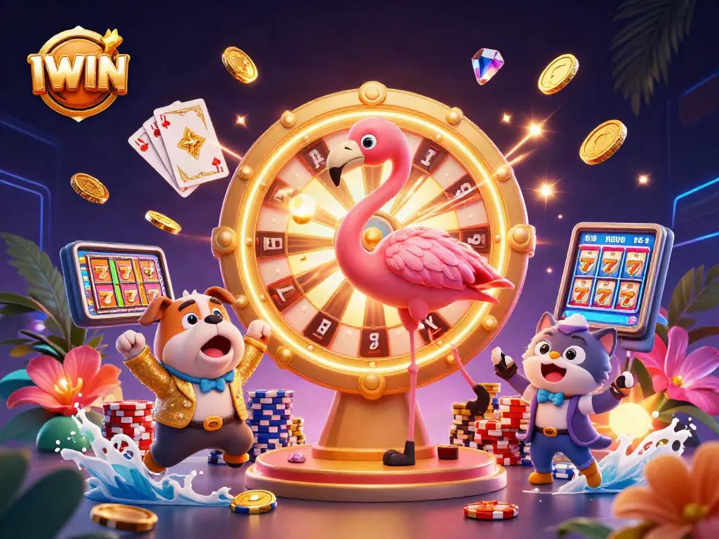 IWIN casino illustration with game show flamingo, bulldog contestant, and scoreboard cat, featuring vibrant casino elements.