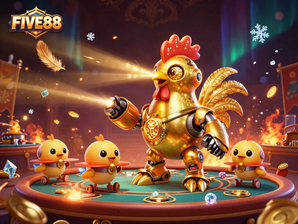 Experience excitement with FIVE88, featuring a golden rooster robot and game elements in a vibrant casino scene.