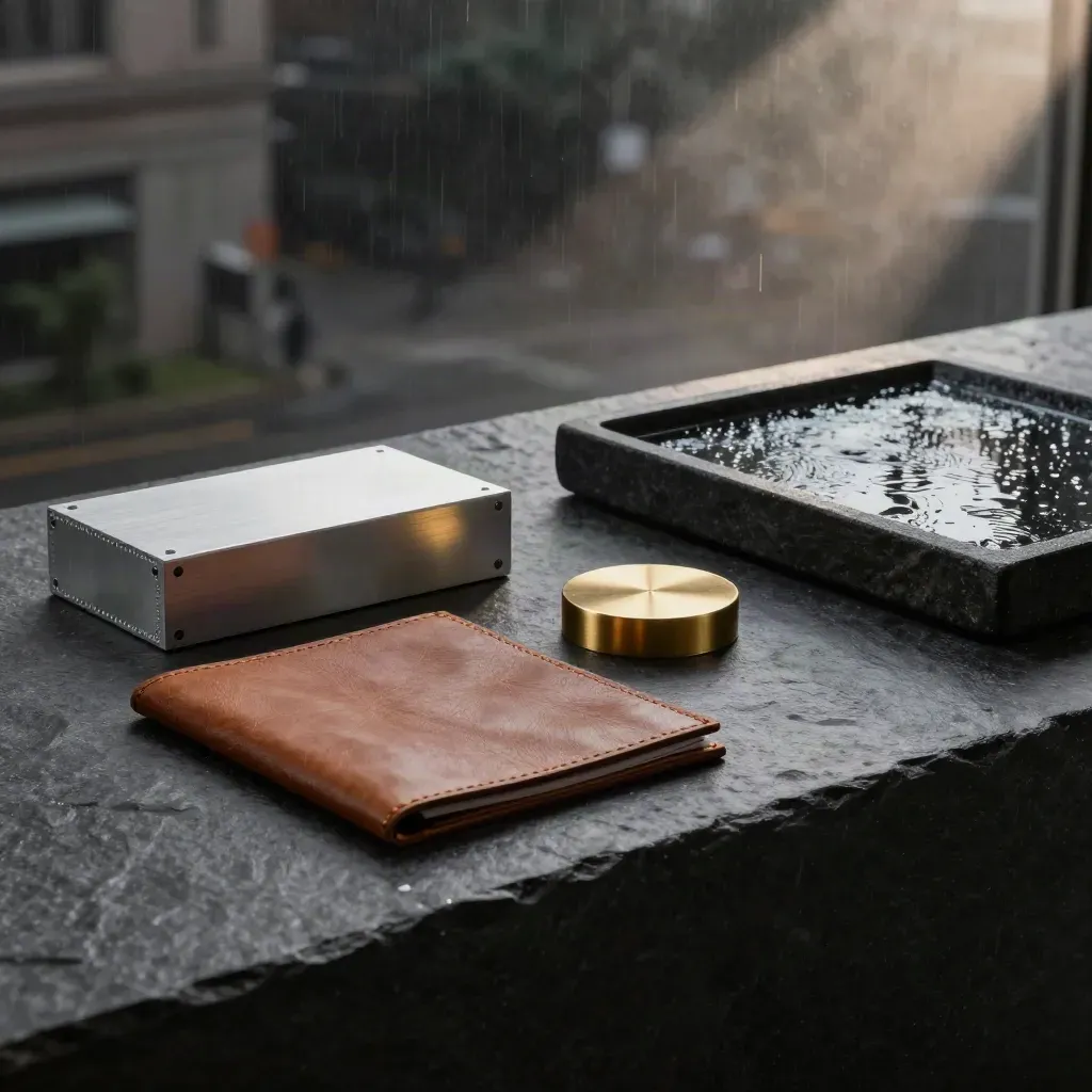 Moody startup funding still life with prototype, leather folio, brass weight and rain-lit city glow.