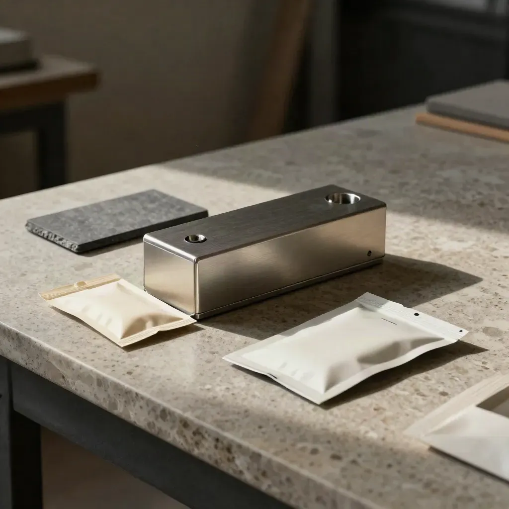 Startup prototype beside founder packet, sample board, and packaging mockups on a limestone workbench.