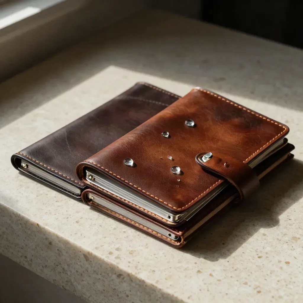 Leather investor folios gather around a startup prototype and glass chips on pale travertine.
