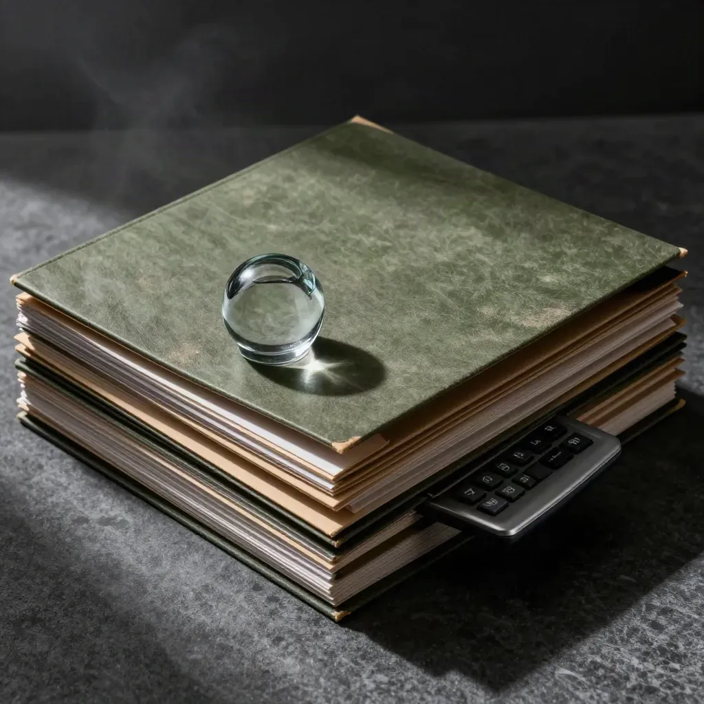 Overhead due diligence folders, paperweight and calculator on a dark stone surface.