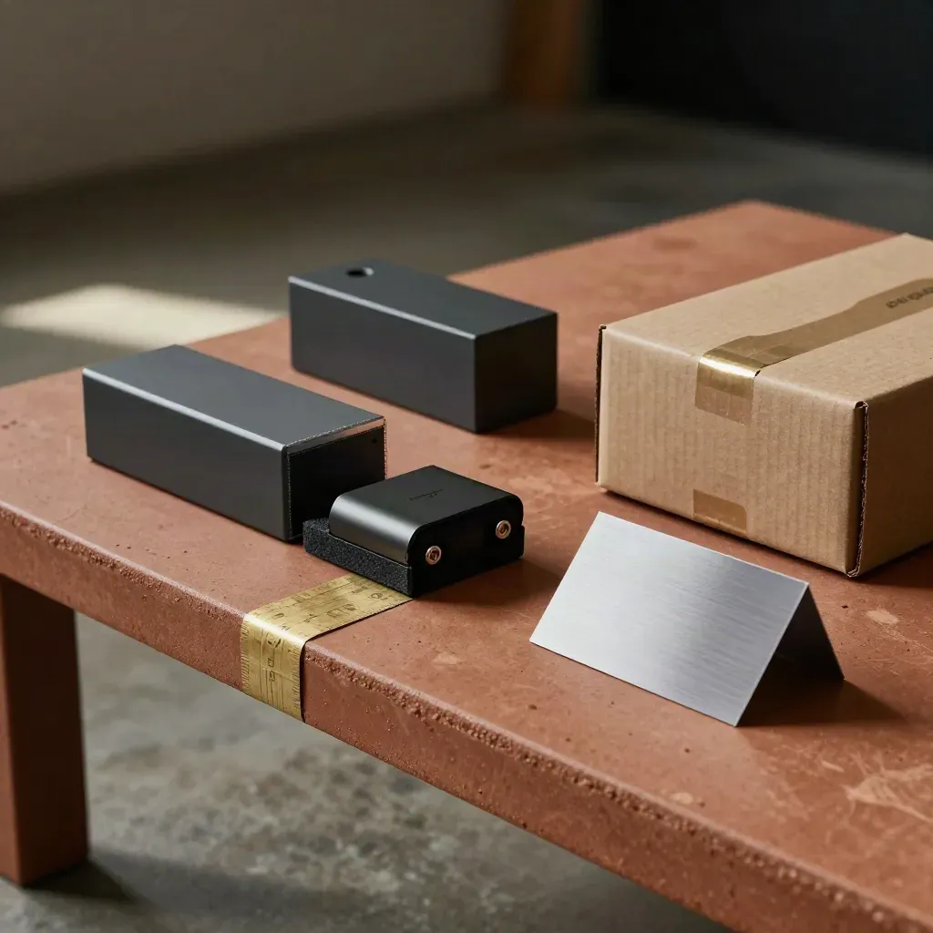 Prototype revisions, battery pack, and shipping carton in a warm startup support packaging scene.