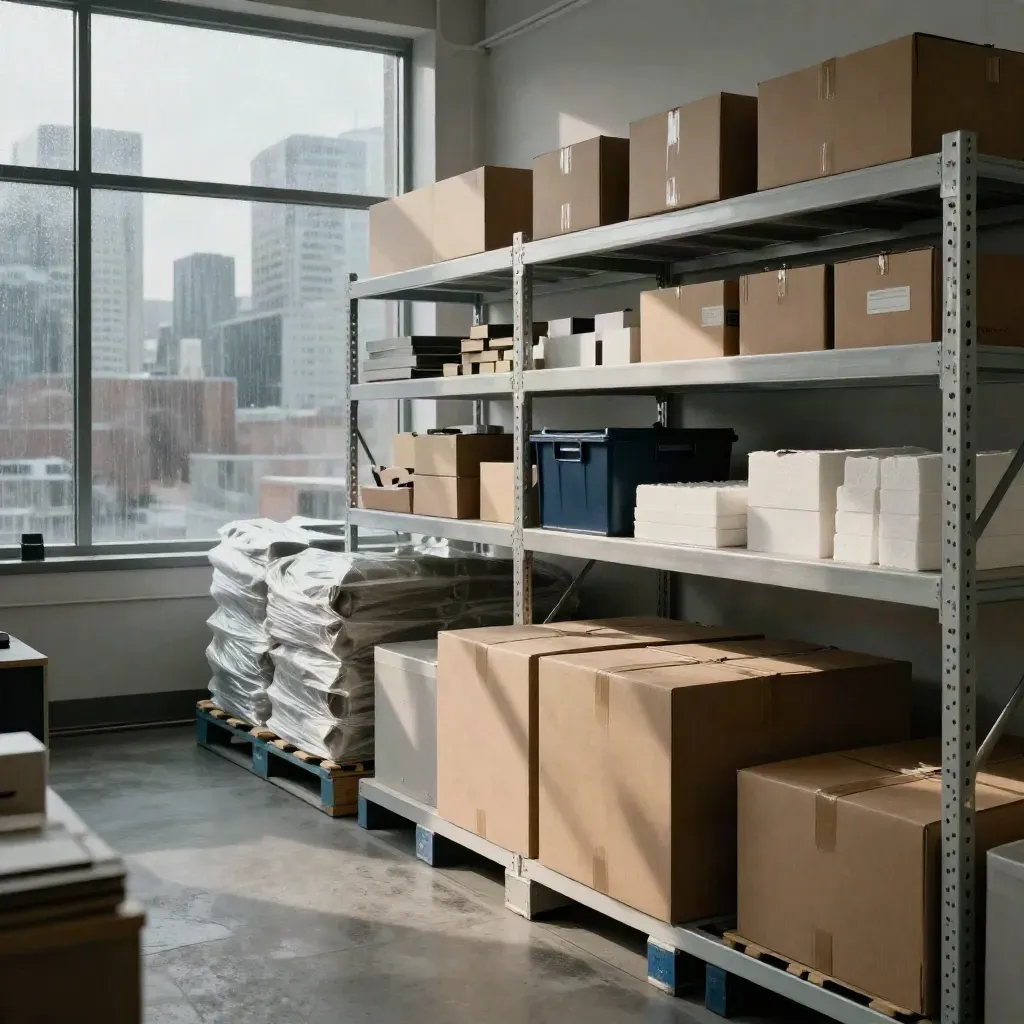 Rainy Toronto startup studio with boxed product units, shelving, and skyline beyond.