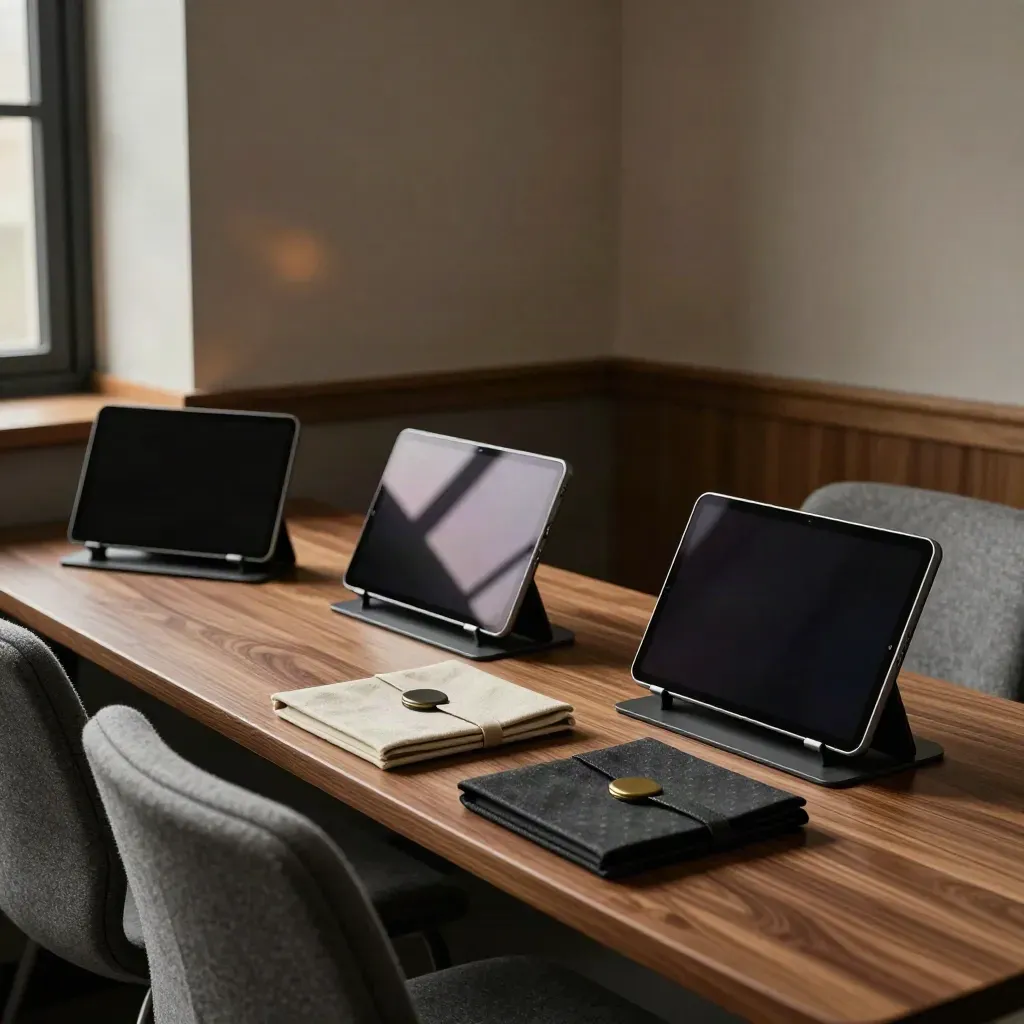 Three tablet stands and two sample kits in a cozy edtech demo corner with soft classroom chairs.