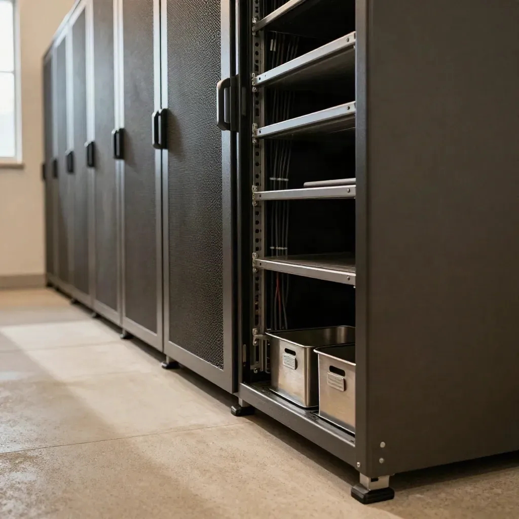 Ordered server alcove with closed racks, tidy cables, and warm daylight