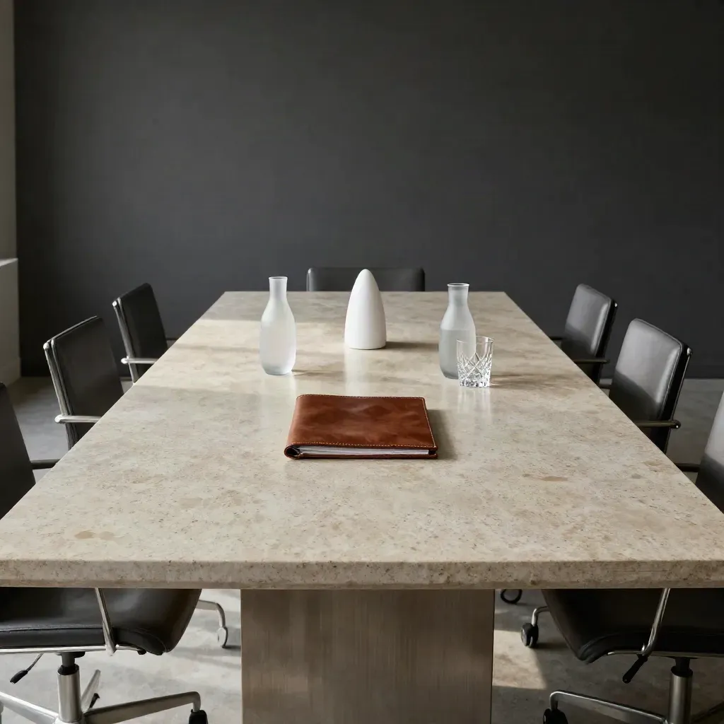 Empty boardroom table set with folio, carafes, tumblers, and a small prototype model.