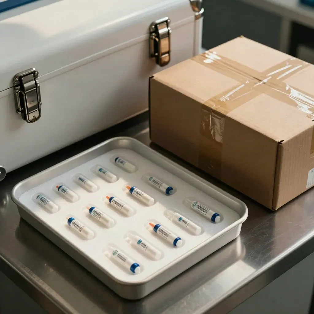 Clinical prototype tray, sealed cartridges, lab case, and shipping carton in a diagonal top-down layout.