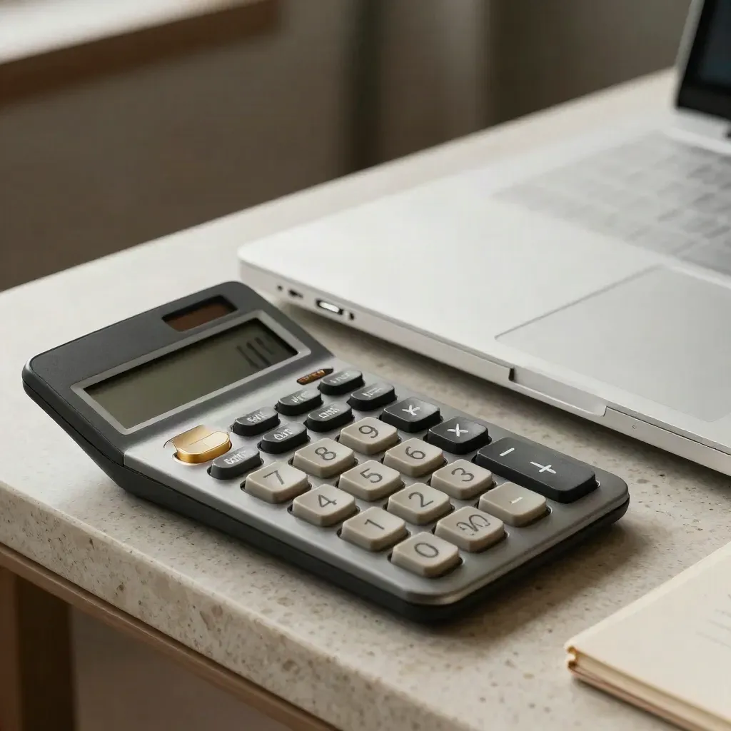 Macro of a calculator, closed laptop, acrylic dividers and metal tabs on a travertine ledge.