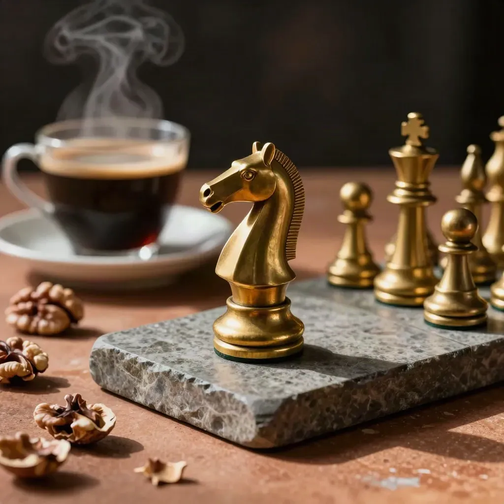 Brass chess knight, espresso cup, walnut shells and stone planning block on a rustic surface