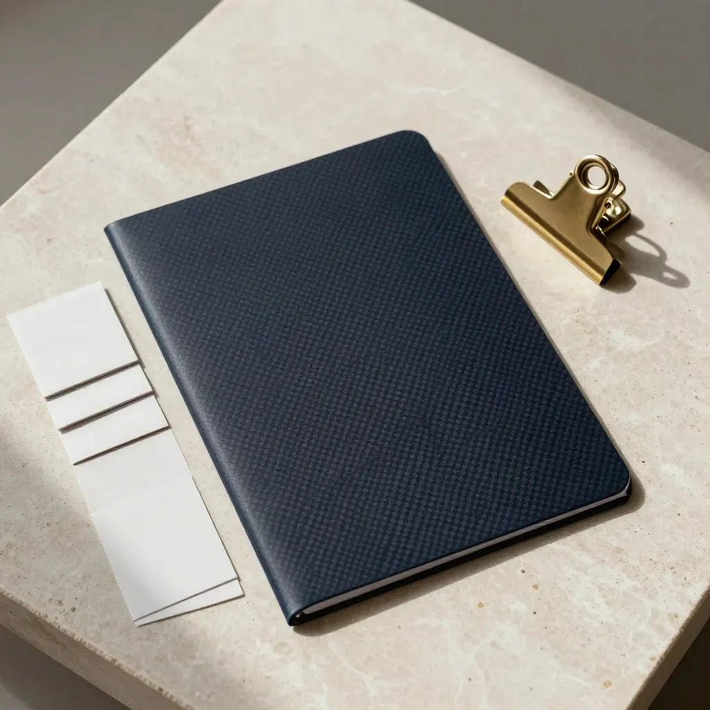 Overhead flatlay of a carbon folio, blank card sleeves and brass clip on pale stone