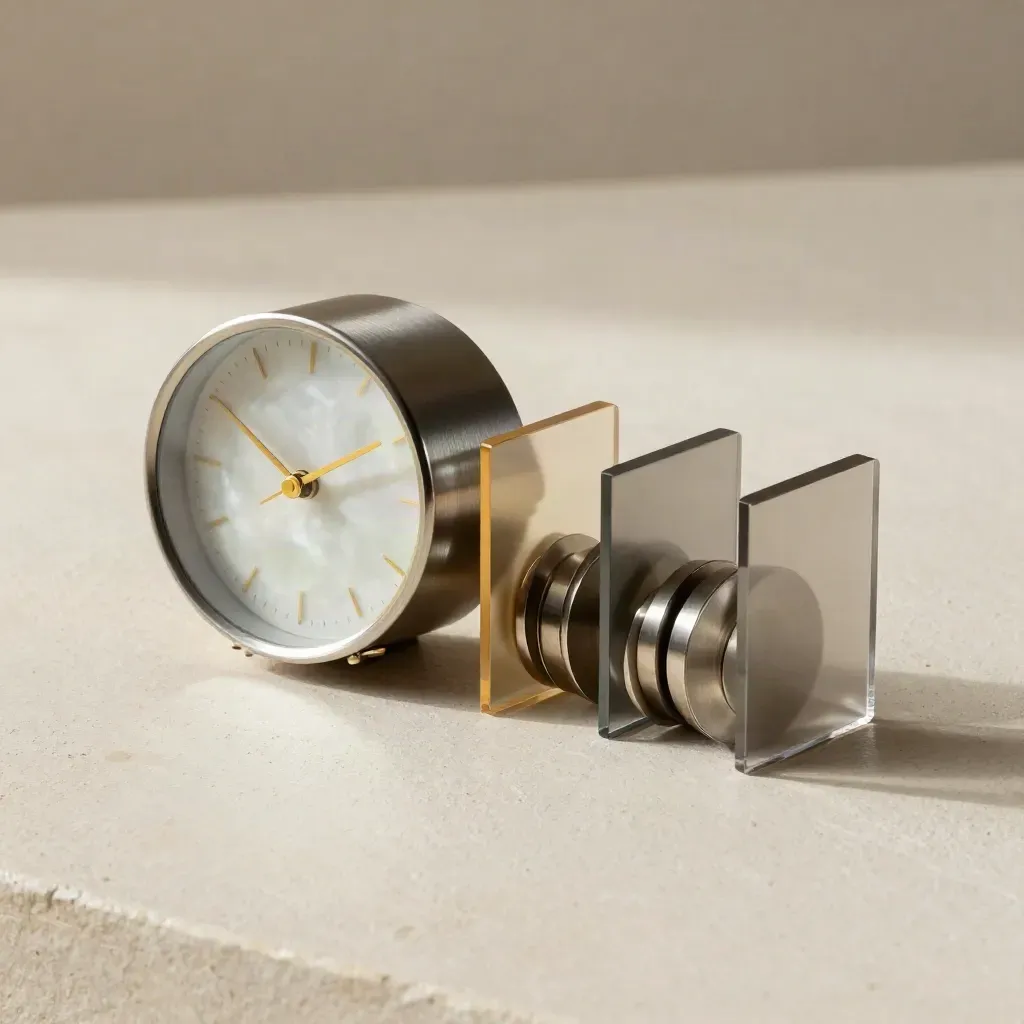 Clock, metal chips and acrylic stands arranged in a precise diagonal on a pale plaster sweep.