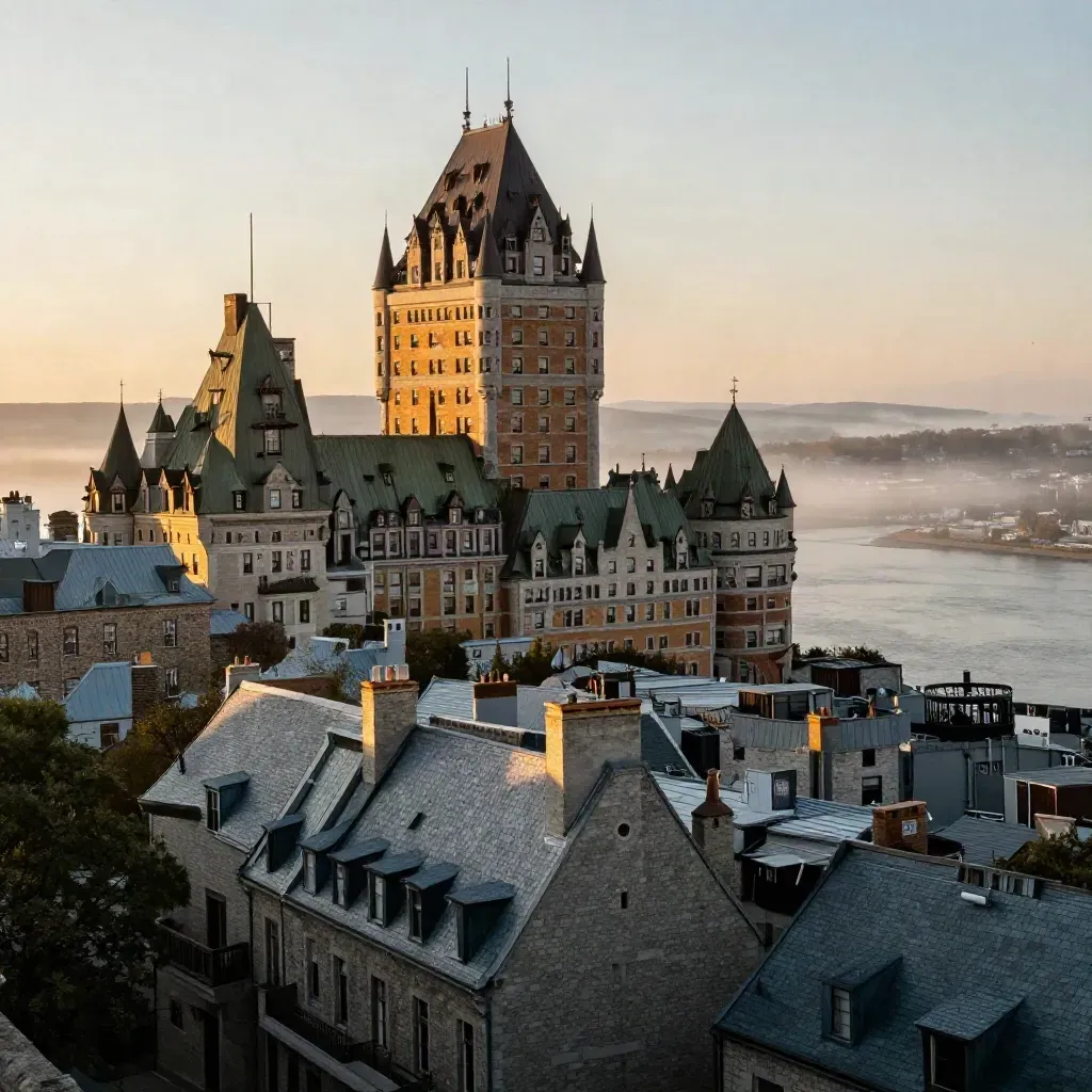Quebec City skyline with Château Frontenac above river mist at golden hour